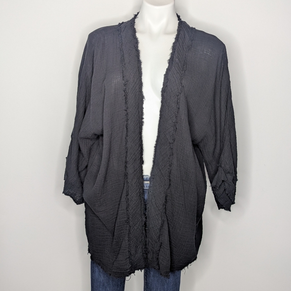 Wonderly Black Woven Distress Fringe Hem Cotton Open Cardigan L